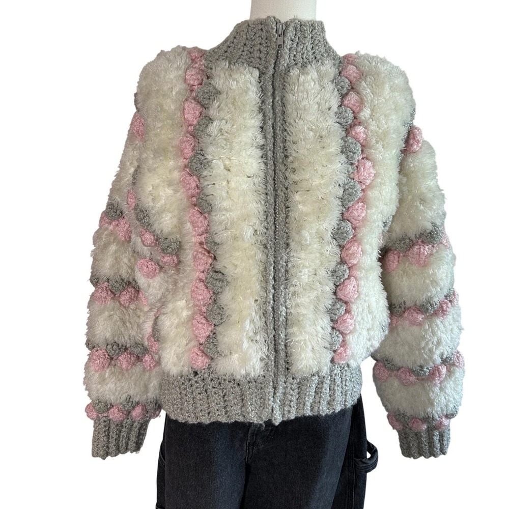 whimsical vintage 70's shaggy‎ knit pompom crochet jacket ~ needs repair